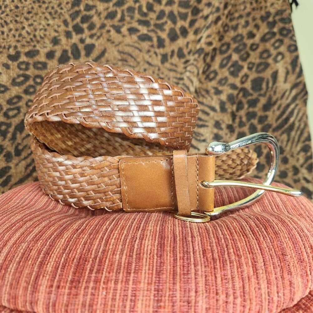 Michael Kors Women's Brown Wide Leather Belt Woven Gold Buckle Logo Size M 38"